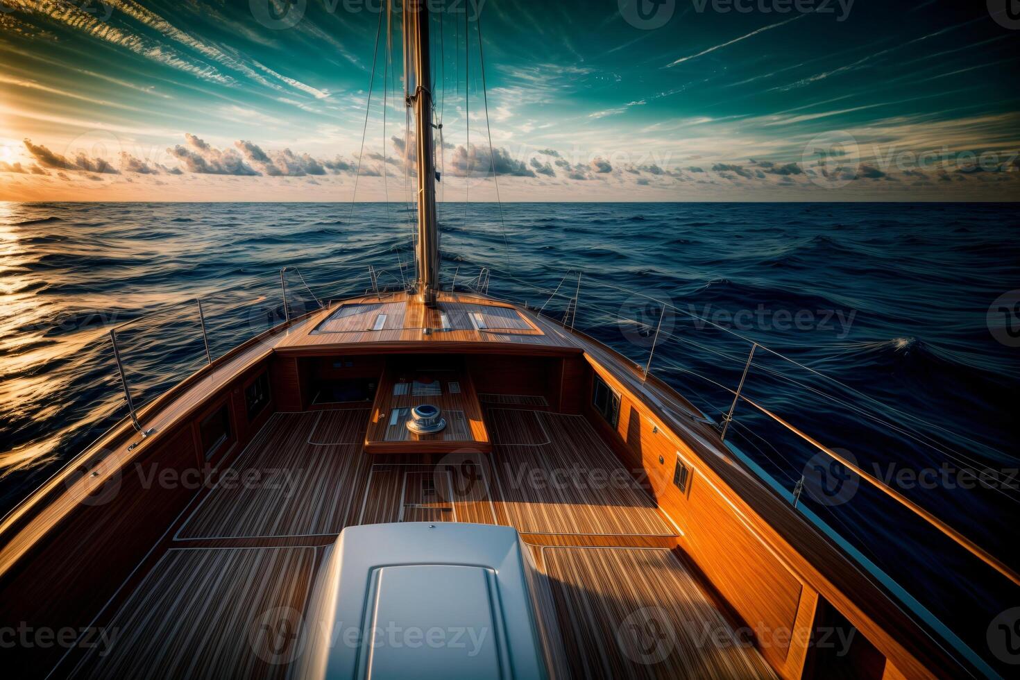 une bateau voile sur une corps de l'eau en dessous de une nuageux ciel. ai généré photo