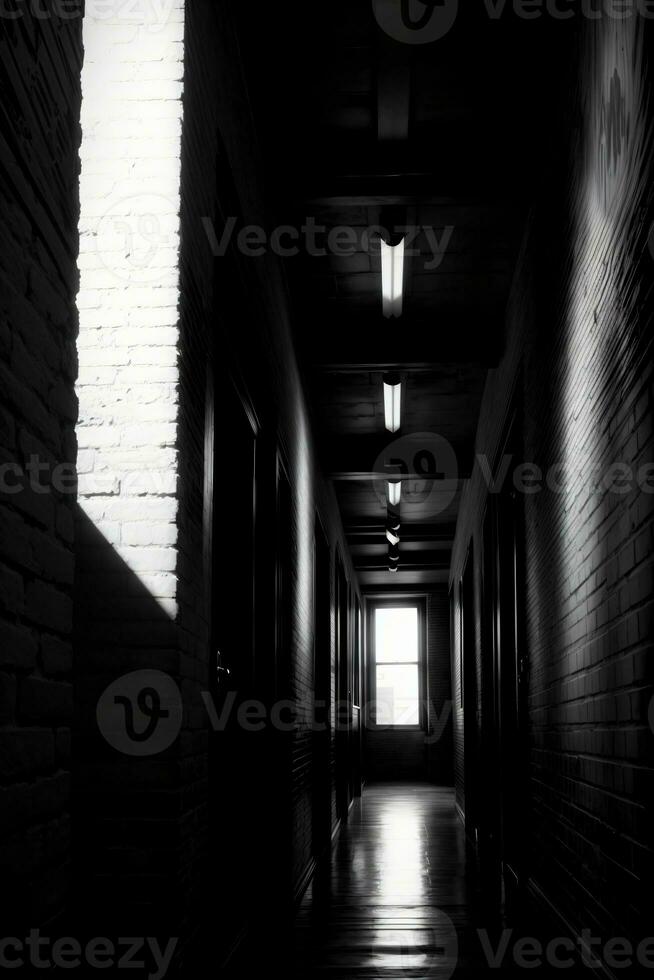 une noir et blanc photo de une foncé couloir. ai généré