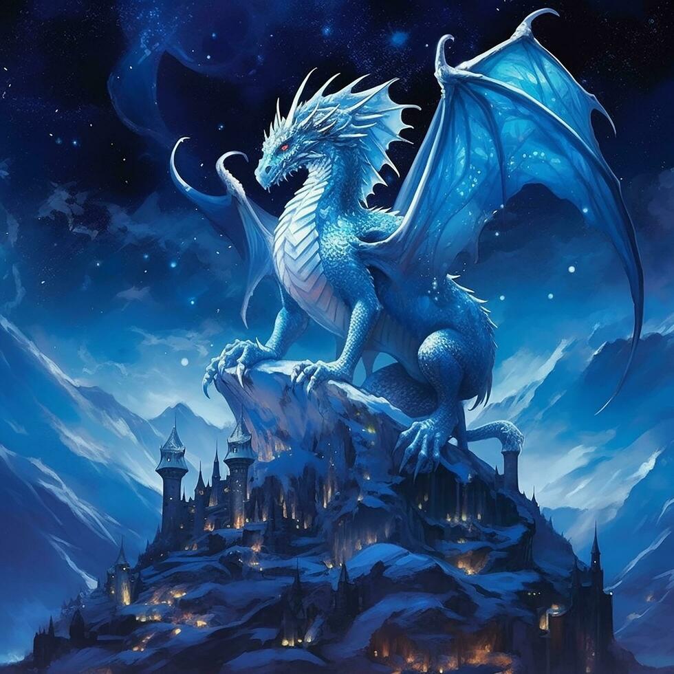 une mère dragon avec une bleuâtre Couleur et ses en volant dans une nuit ciel plein de étoiles ai génératif photo