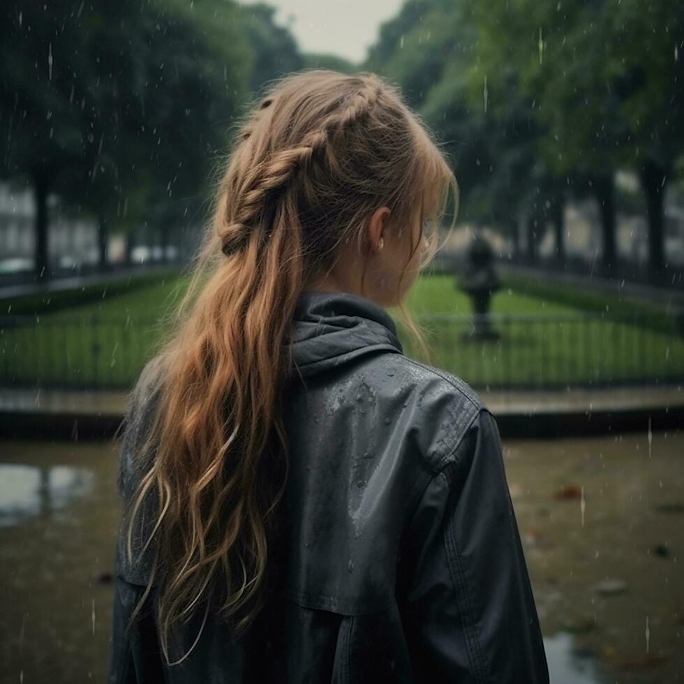 une retour profil de une fille dans une pluie à une parc de une France vieux villages ai génératif photo