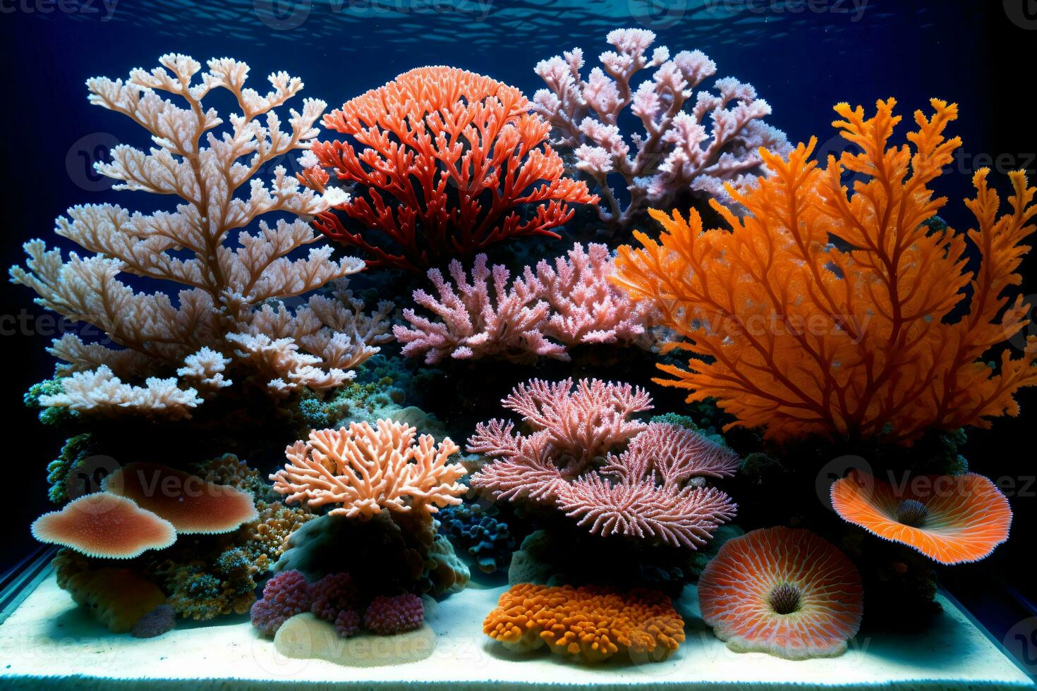 un aquarium rempli avec beaucoup de différent les types de coraux. ai généré photo