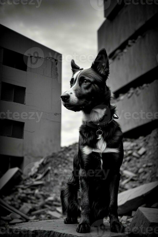 une noir et blanc photo de une chien. ai généré