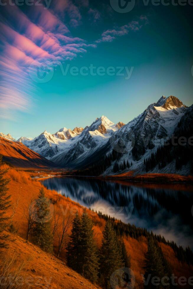 une vue de une Montagne intervalle avec une Lac dans le premier plan. ai généré photo