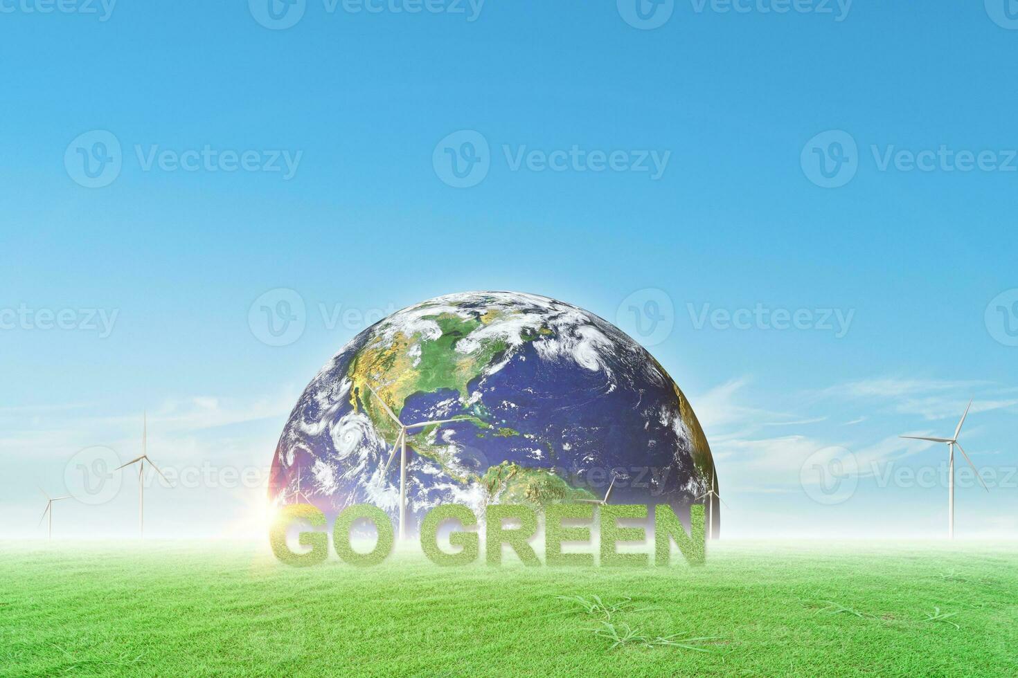 aller vert et globe sur vent turbine champ avec bleu ciel Contexte. environnement et Terre journée concept. image meublé par nasa photo