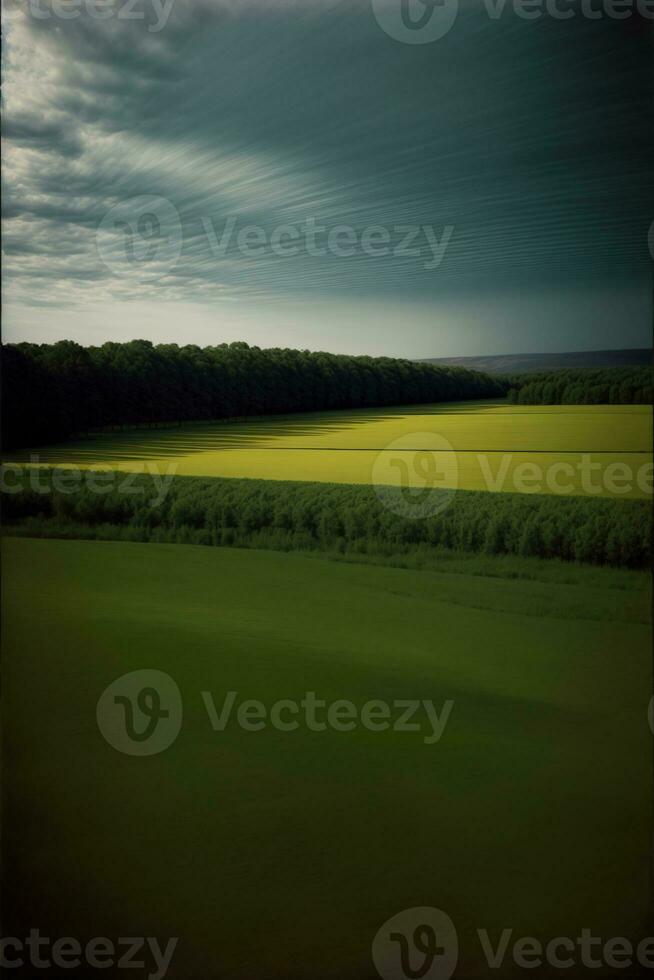 une vert champ avec des arbres dans le distance. ai généré photo