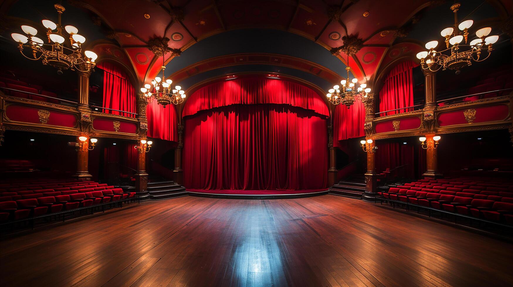 théâtre organiser, avec rouge rideau, en bois sol, chaises et éclairage ai génératif photo