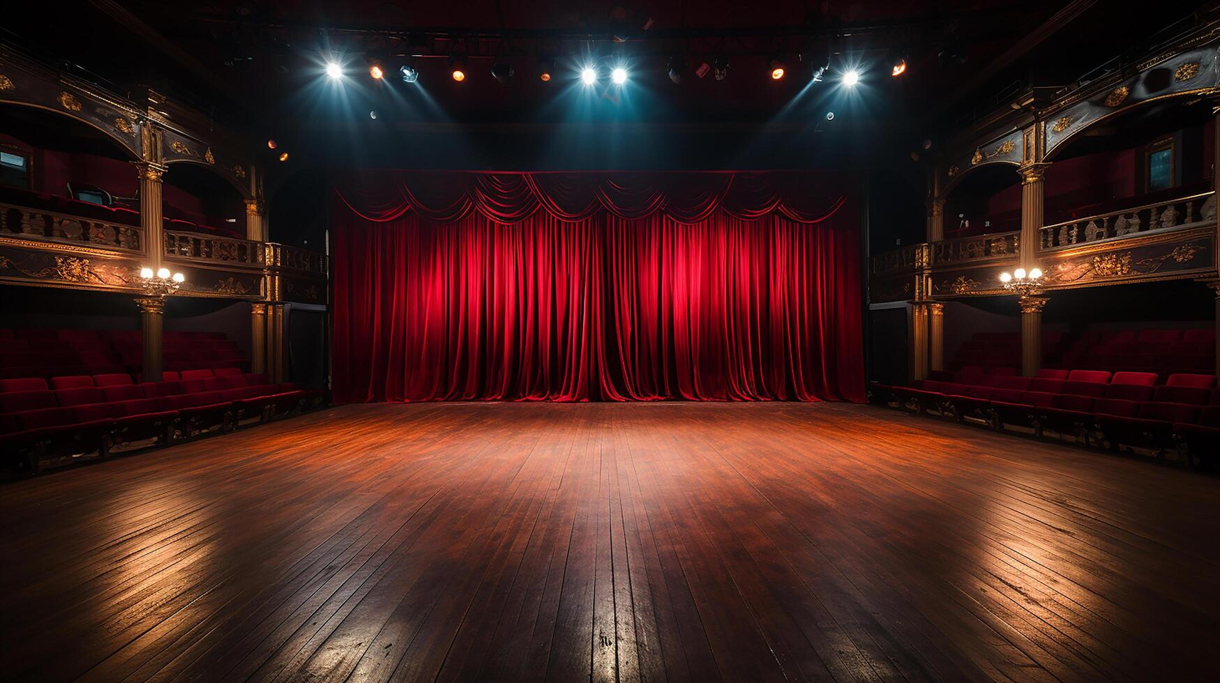 théâtre organiser, avec rouge rideau, en bois sol, chaises et éclairage ai génératif photo