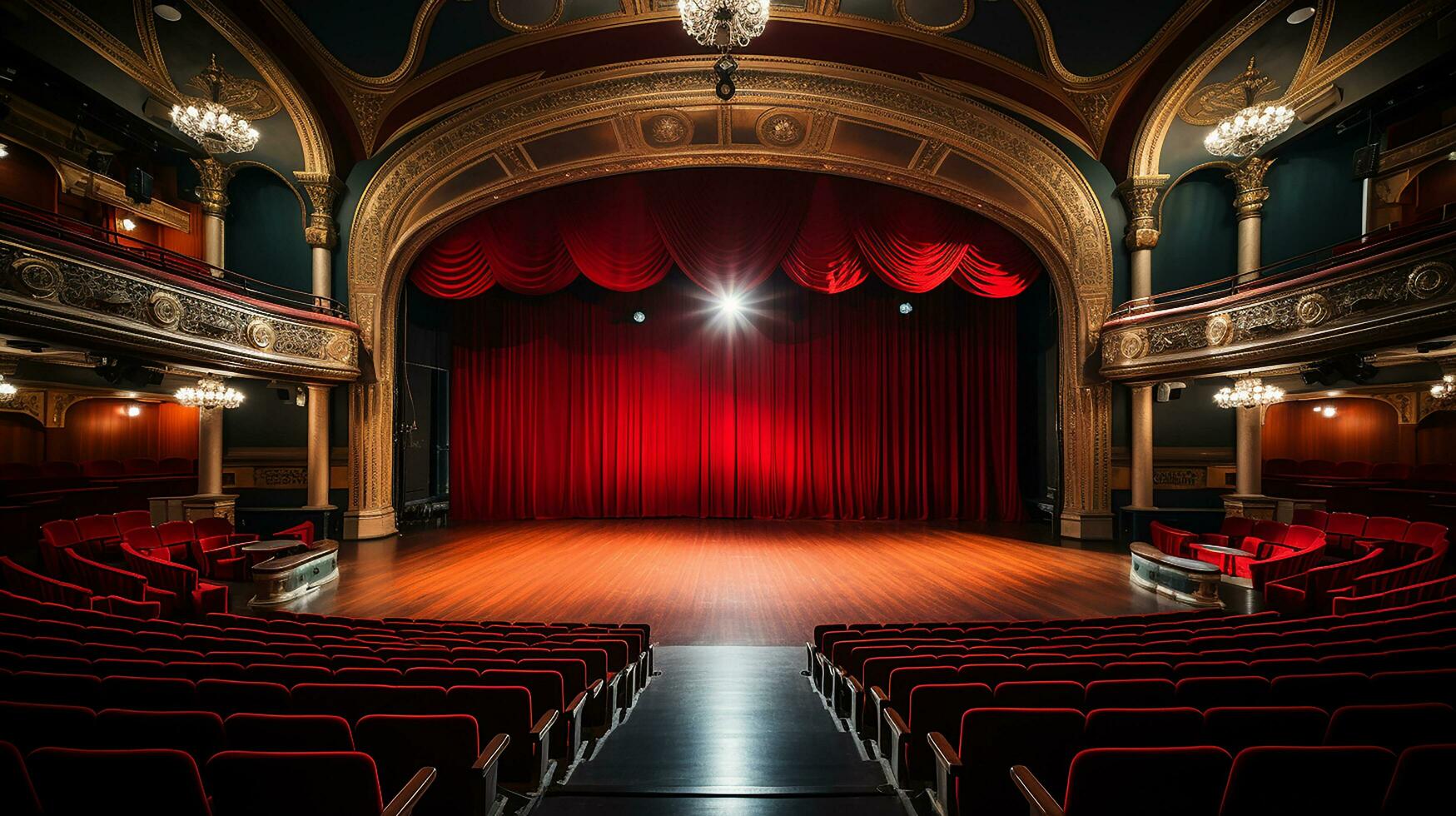 théâtre organiser, avec rouge rideau, en bois sol, chaises et éclairage ai génératif photo