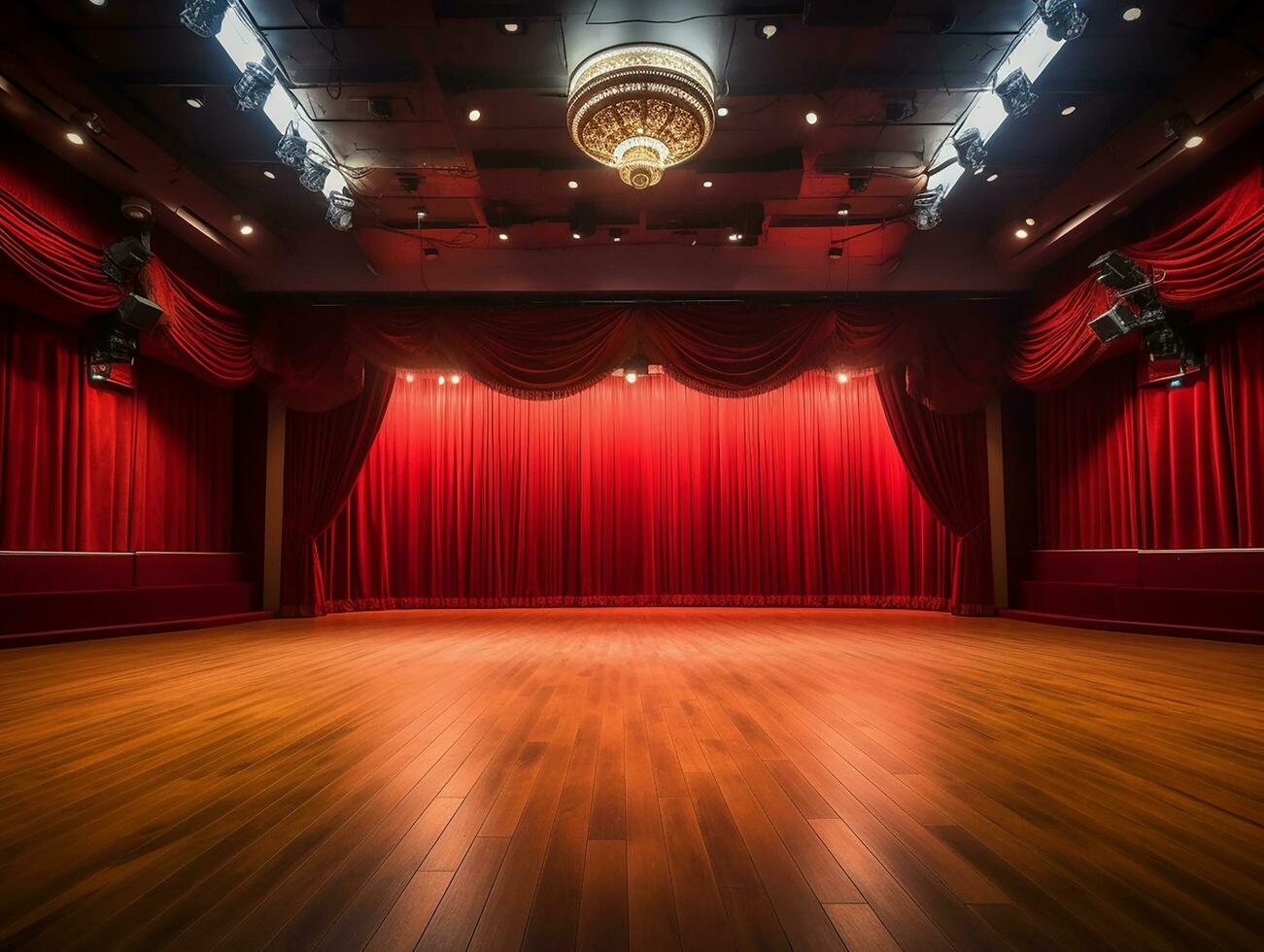 théâtre étape avec rouge rideau, éclairage, en bois sol, insensé détail, lisse éclairage ai génératif photo