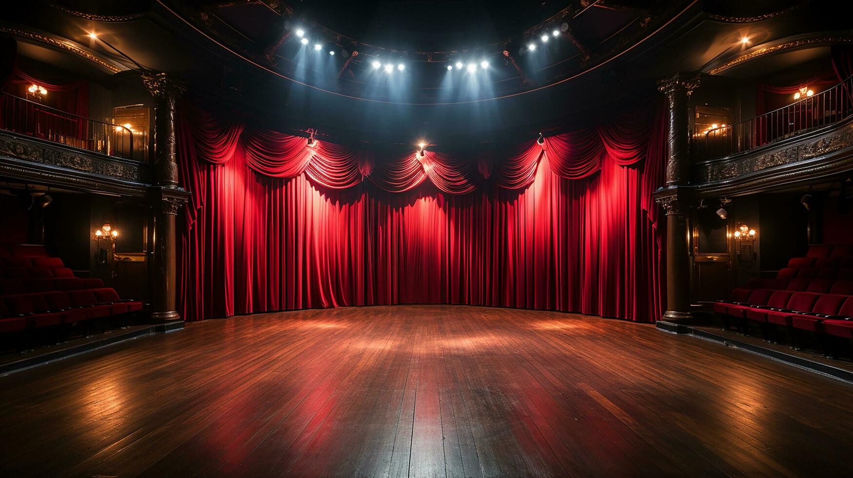 théâtre organiser, avec rouge rideau, en bois sol, chaises et éclairage ai génératif photo