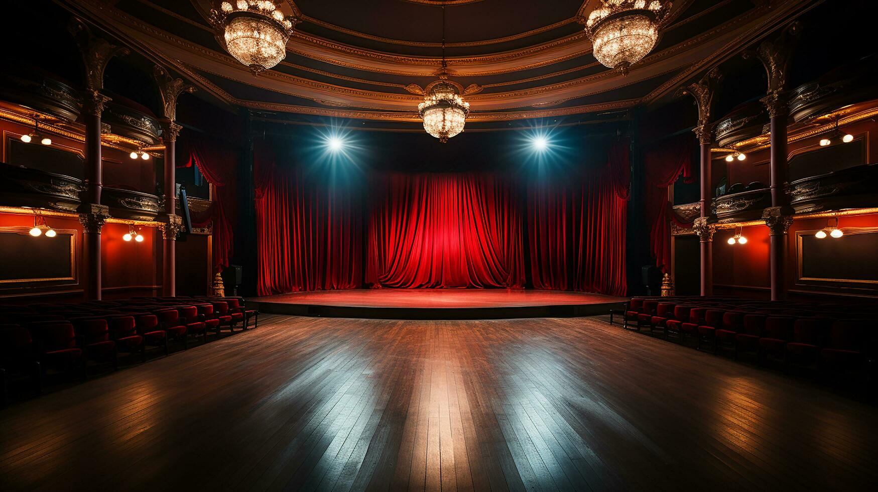 théâtre organiser, avec rouge rideau, en bois sol, chaises et éclairage ai génératif photo