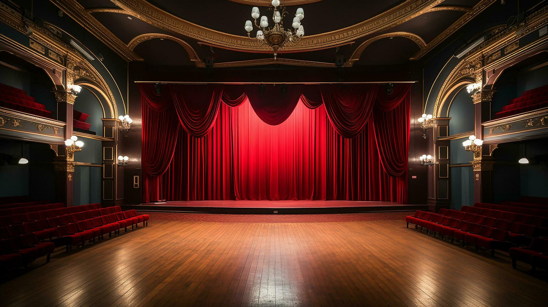 théâtre organiser, avec rouge rideau, en bois sol, chaises et éclairage ai génératif photo