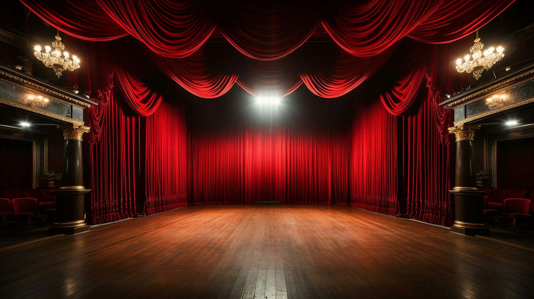 théâtre organiser, avec rouge rideau, en bois sol, chaises et éclairage ai génératif photo