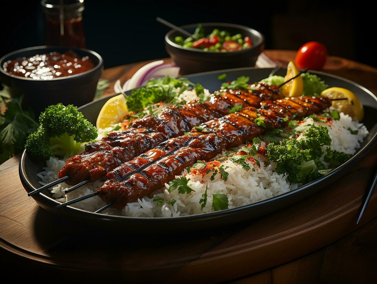 la photographie de assouvir avec cacahuète sauce sur en bois table ai généré photo