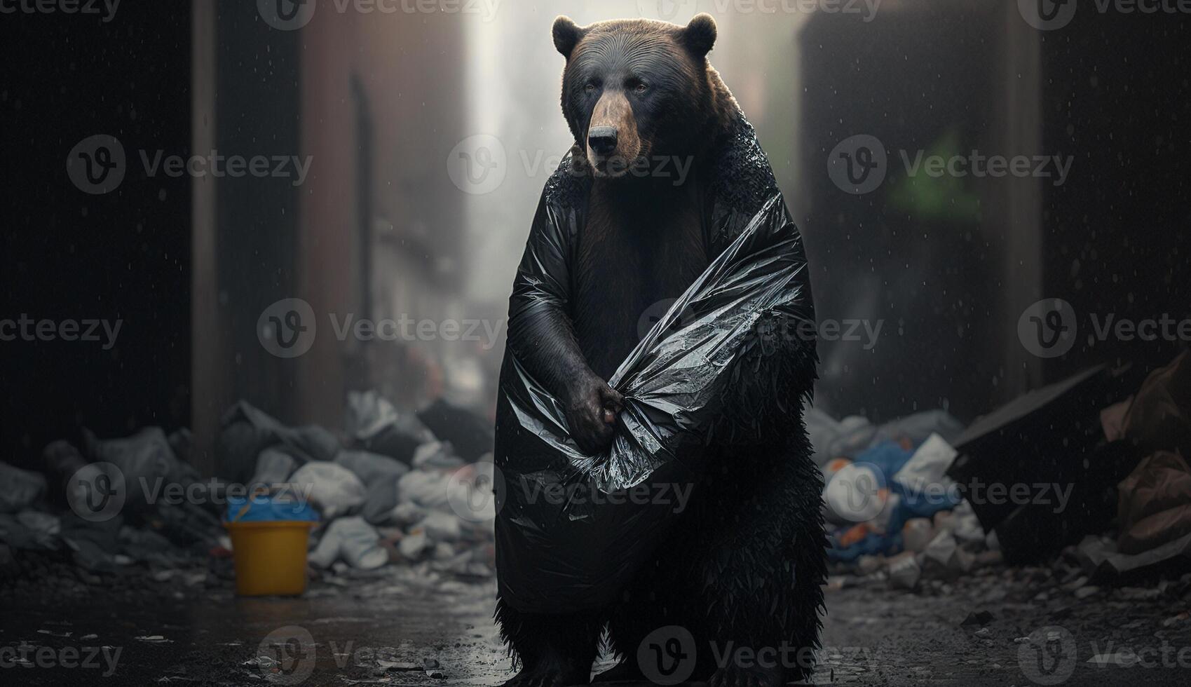 une ours en portant une des ordures sac des stands parmi piles de Plastique déchets à la recherche pour nourriture et abri, concept de économie le monde. génératif ai. photo