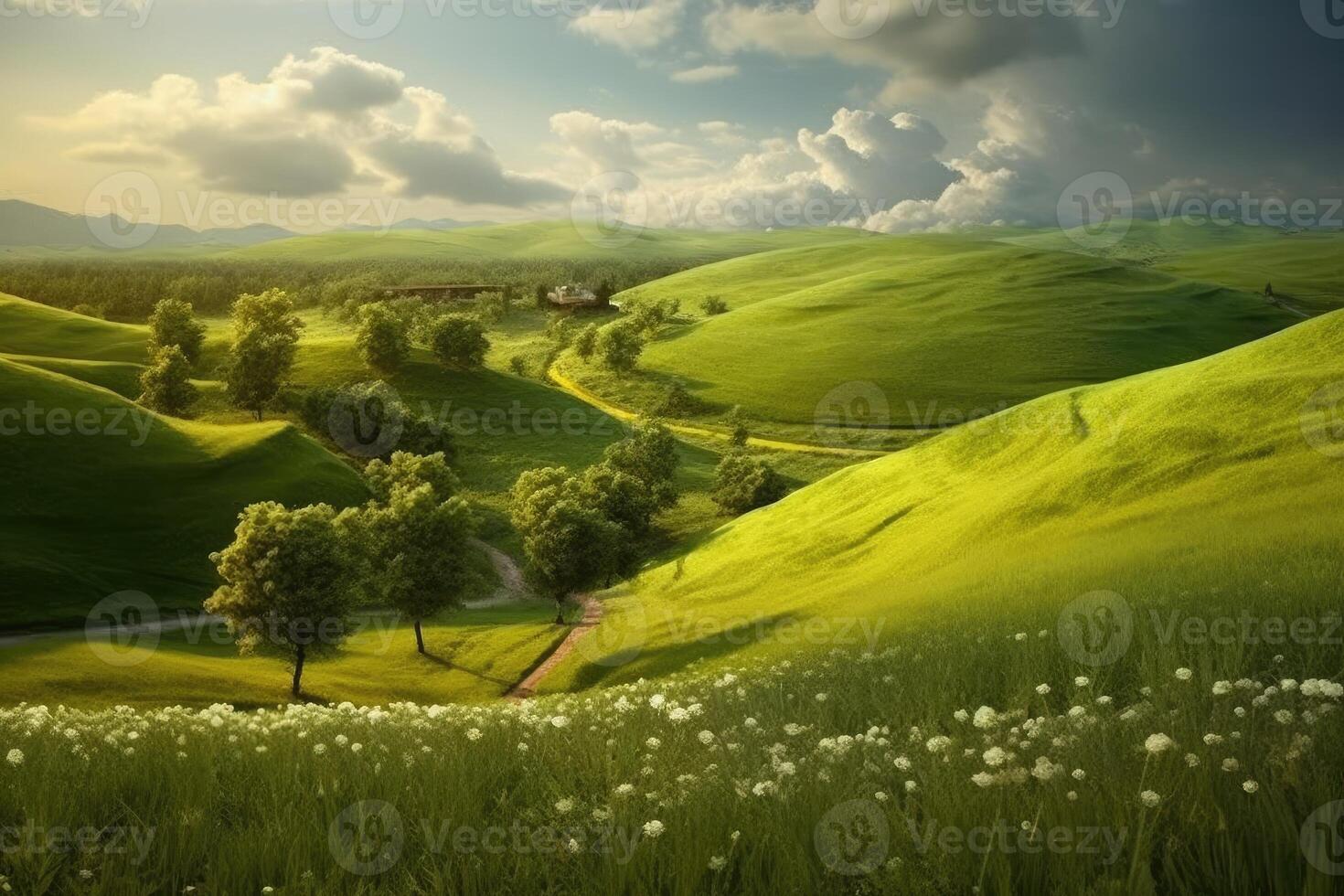 prés dans rural paysage, magnifique la nature paysage. génératif ai photo