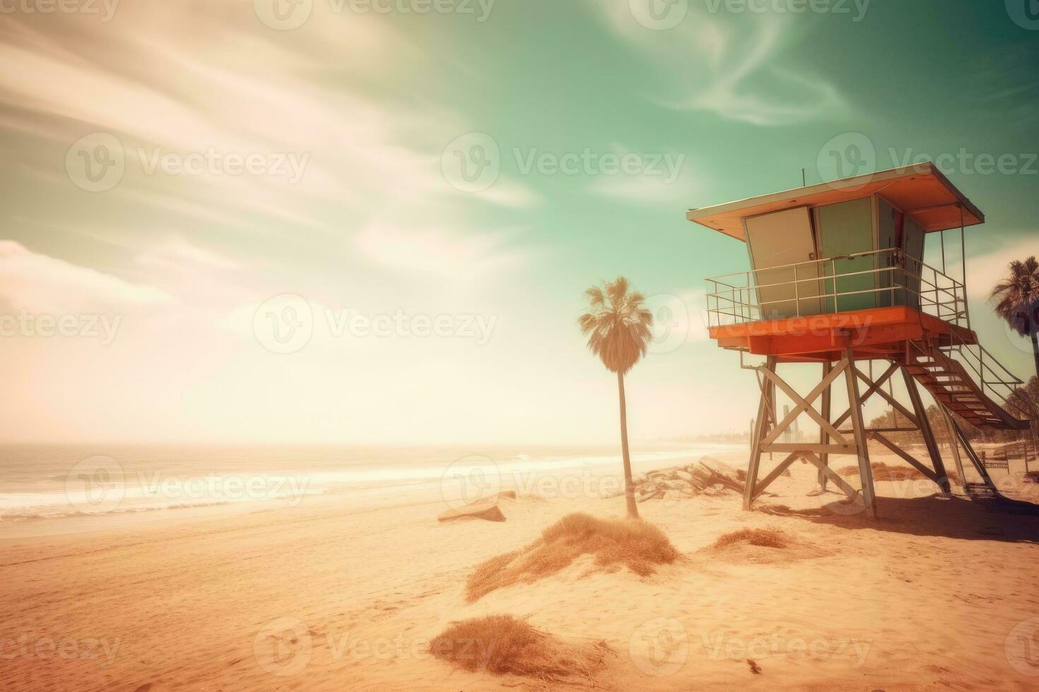 plage avec paume arbre et la vie garde la tour par le mer. génératif ai photo