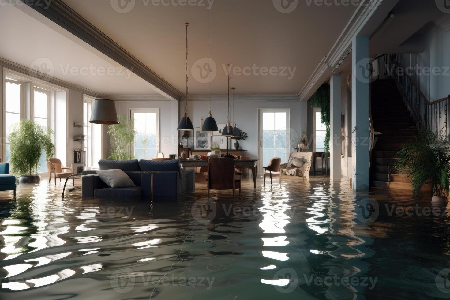 intérieur de le maison inondé avec l'eau. génératif ai photo