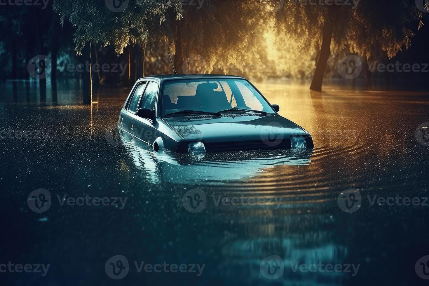 voiture inondé dans inonder l'eau. génératif ai photo