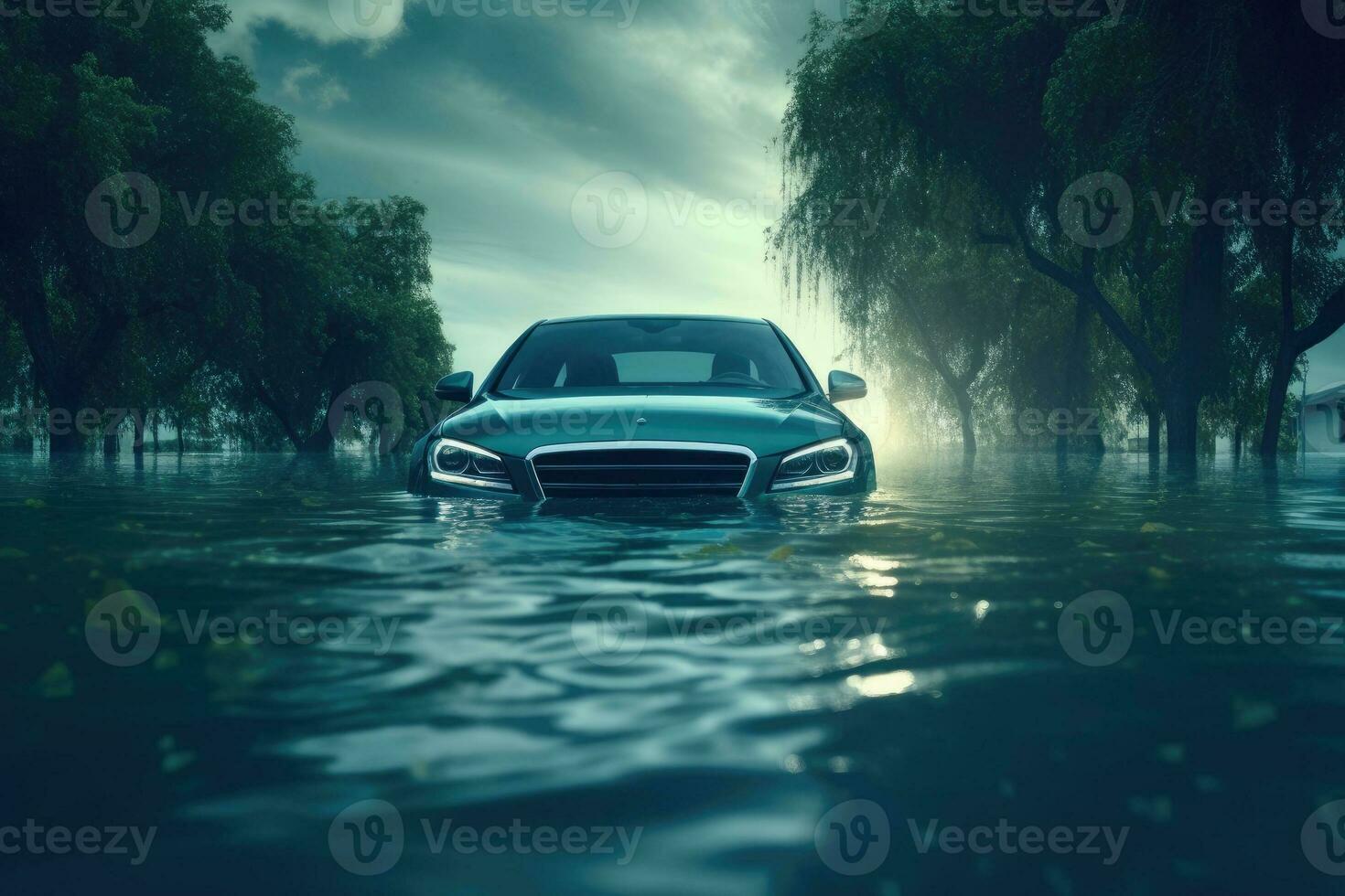 voiture inondé dans inonder l'eau. génératif ai photo
