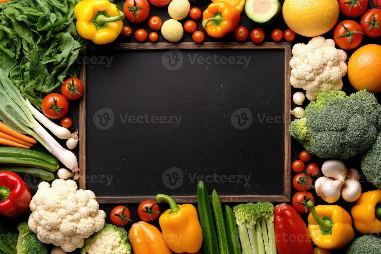 vide Cadre dans le milieu de différent des légumes mensonge sur le tableau. génératif ai photo