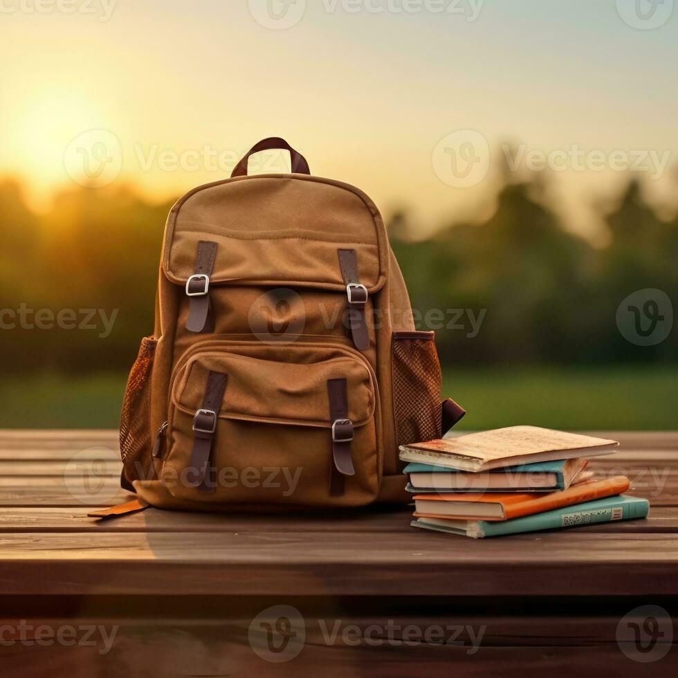 sac à dos avec livres sur en bois table plus de le coucher du soleil ciel Contexte. retour à école concept. génératif ai photo