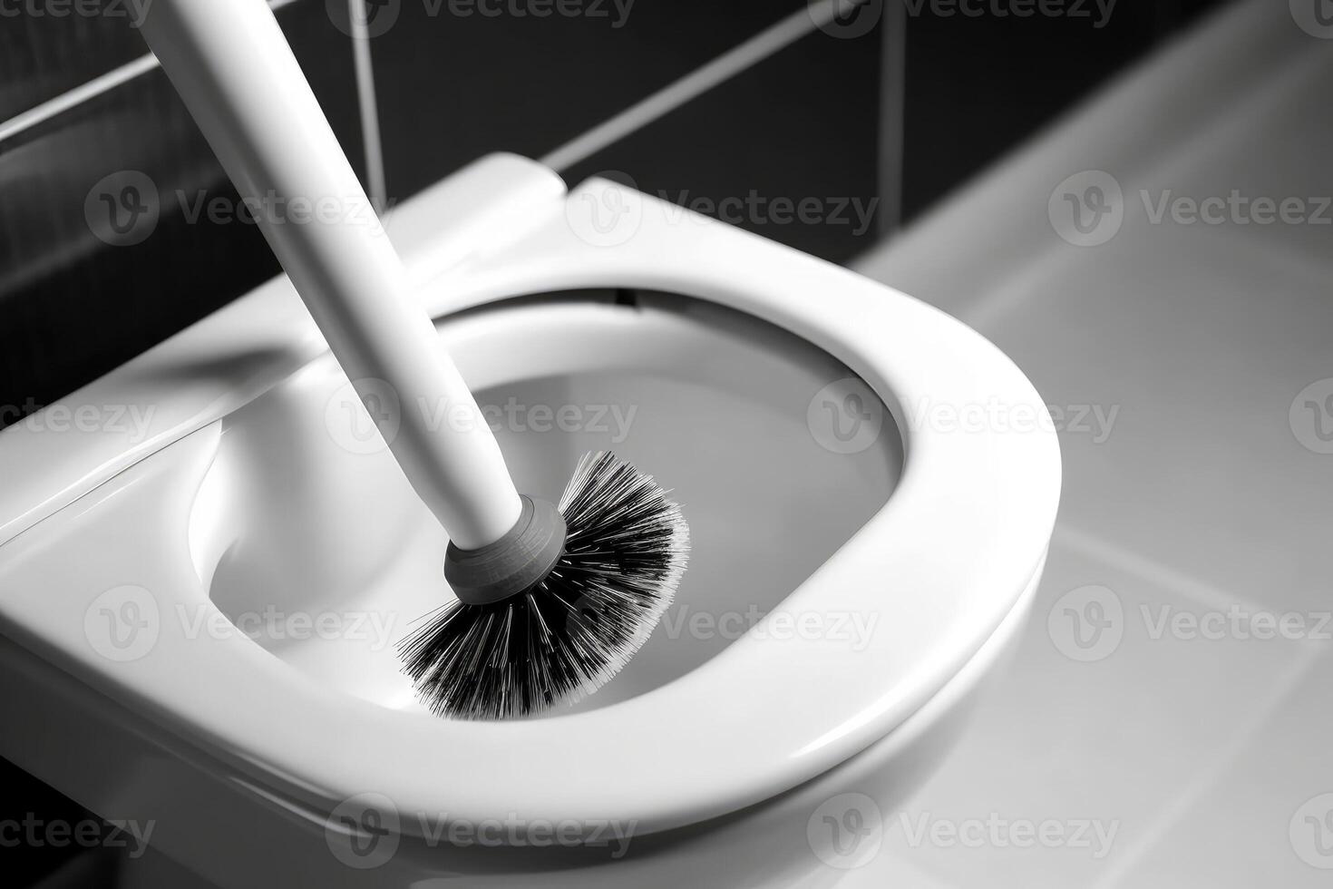 vue de nettoyage blanc céramique toilette bol avec une brosse. génératif ai photo