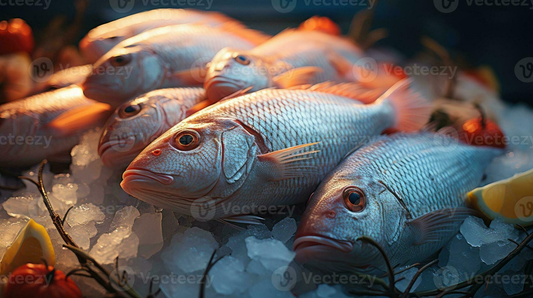 groupe de poisson servi sur glace. génératif ai photo