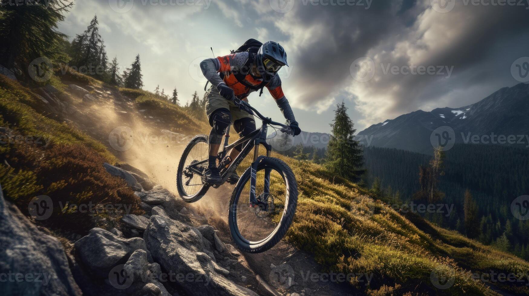 actif Masculin cycliste équitation bicyclette sur une Montagne. génératif ai photo