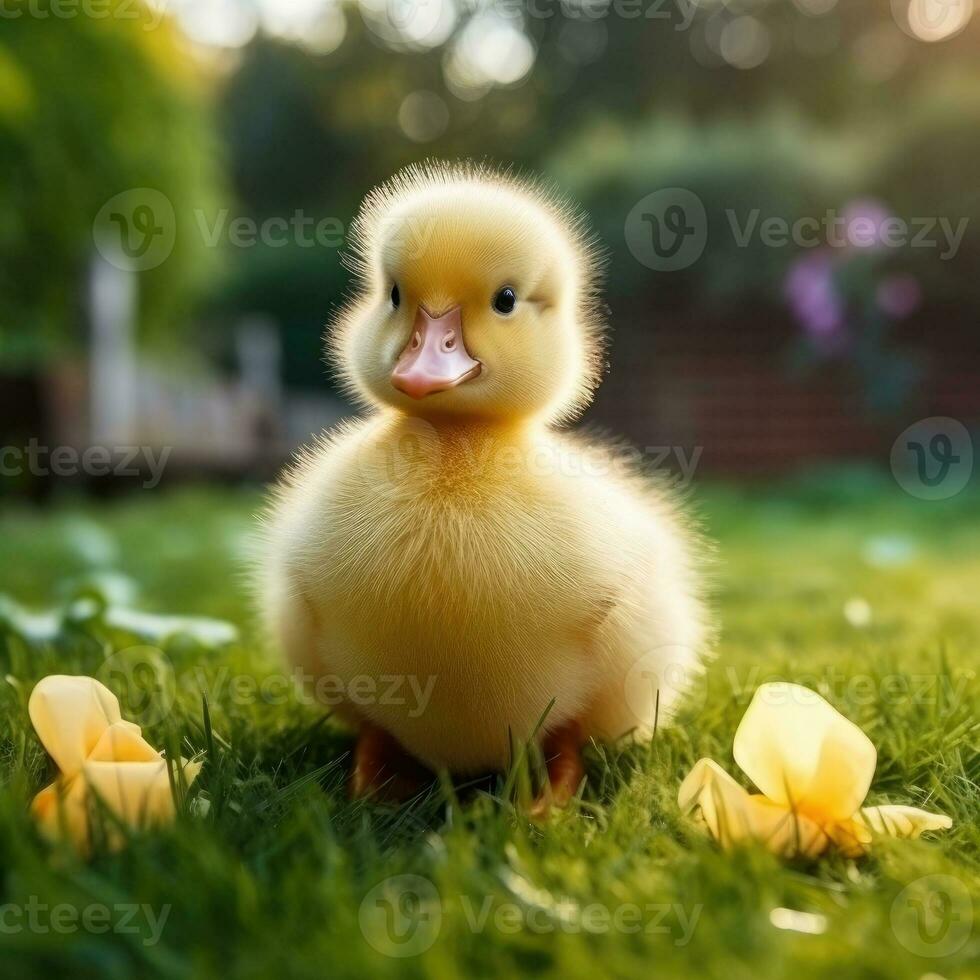 mignonne duveteux caneton sur vert herbe en plein air. génératif ai photo