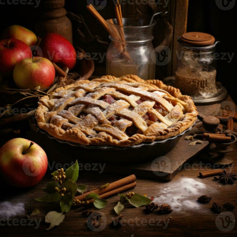 fraîchement cuit Pomme tarte sur une rustique tableau. génératif ai photo