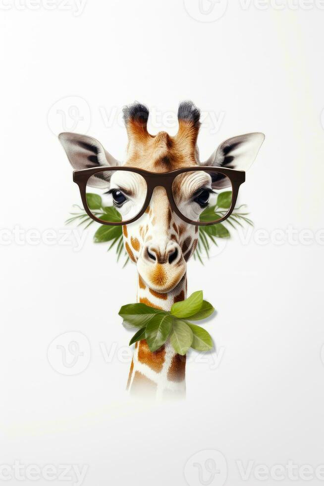 girafe avec paire de des lunettes sur c'est diriger. génératif ai photo