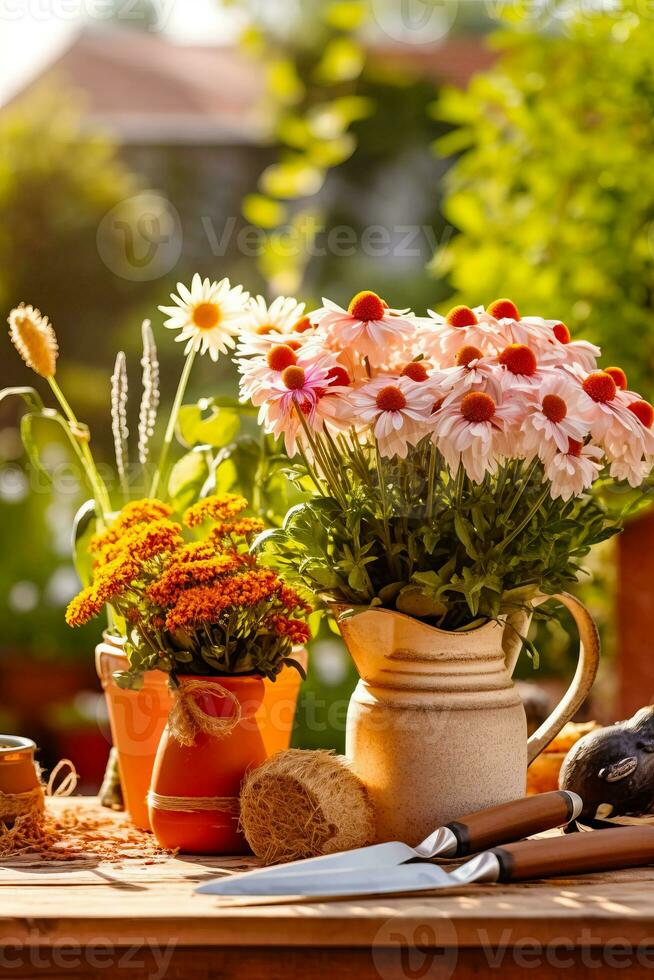 couple de des vases rempli avec fleurs sur Haut de en bois tableau. génératif ai photo