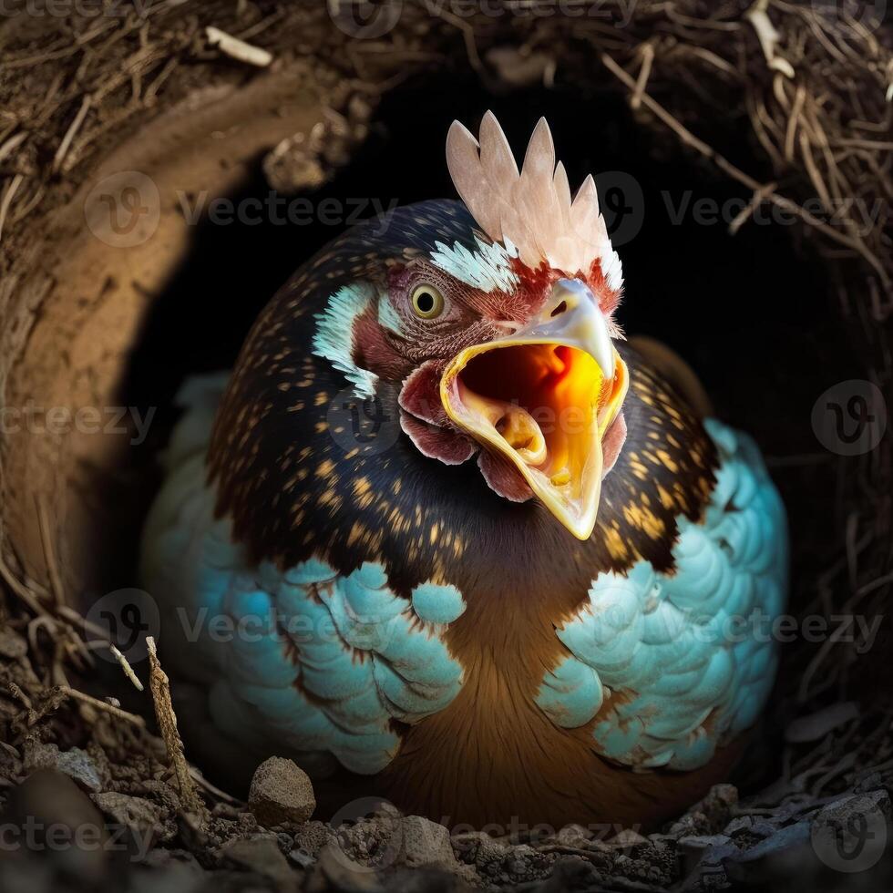 poulet avec ses le bec ouvert dans nid. génératif ai photo