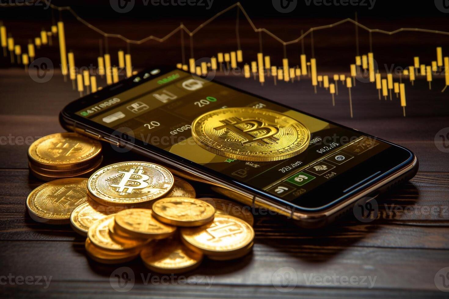 téléphone intelligent avec bitcoin symbole À l'écran pose sur ordinateur clavier autour bitcoin pieux. bitcoin gains sur popularité concept. génératif ai photo