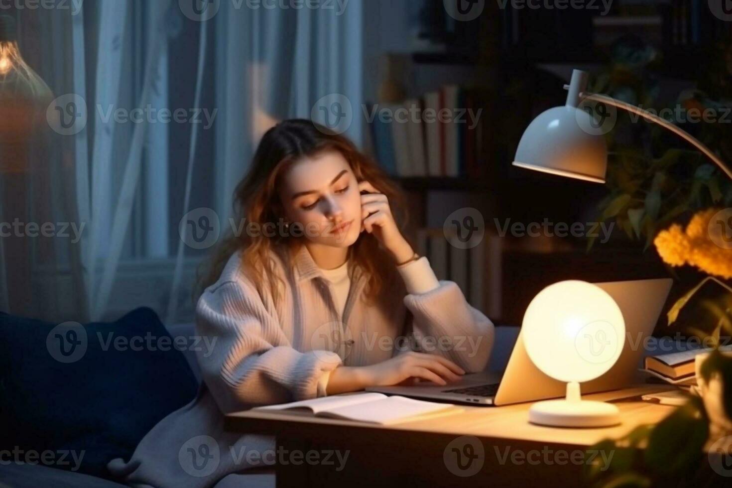 portrait de une content réussi femme d'affaires en utilisant portable ordinateur dans Créatif agence dans le soir. noir femelle souriant tandis que navigation l'Internet, vérification marrant mèmes sur génératif ai photo