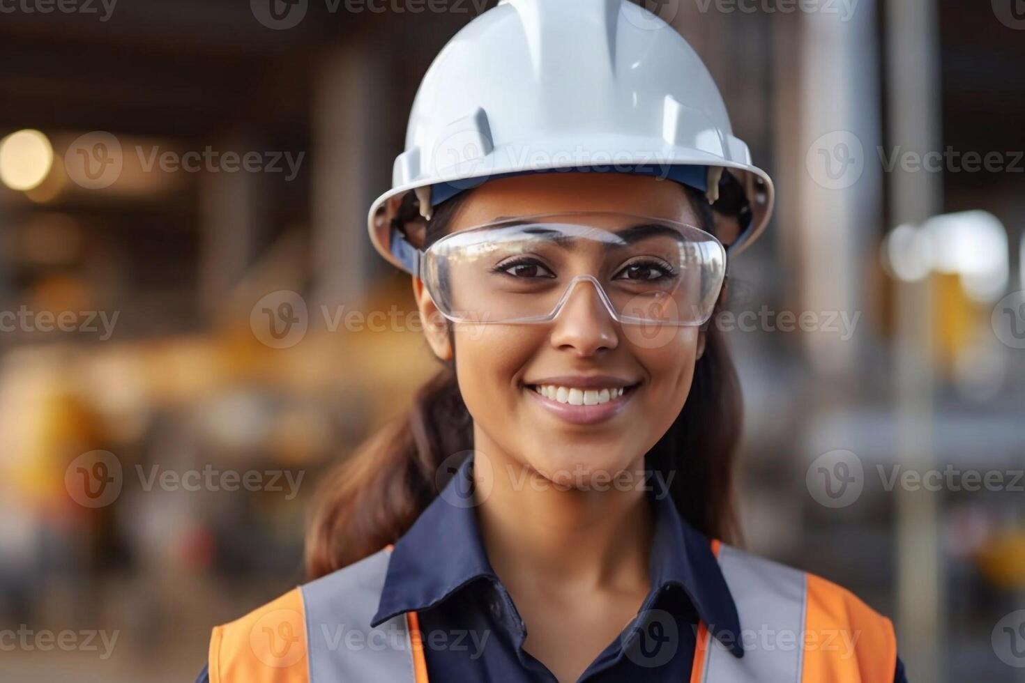 proche en haut portrait femelle industriel la robotique ingénieur en portant walkie talkie et tablette à la recherche à caméra. femme technicien moderne usine 4.0, technique superviseur de le robot génératif ai photo