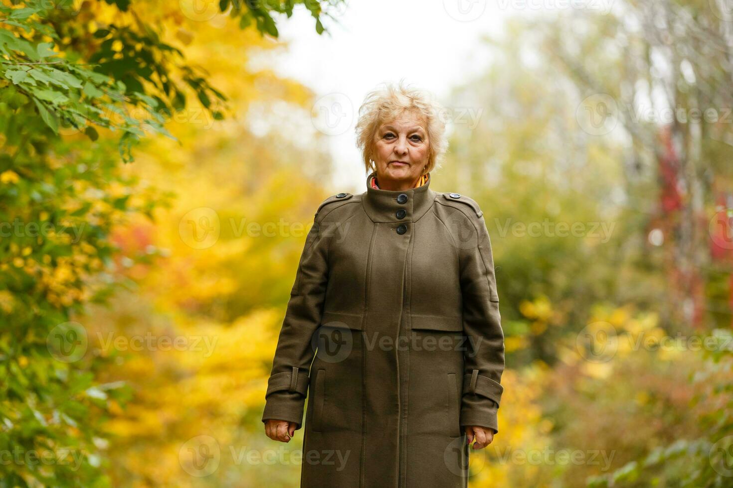 Sénior citoyenne promenade dans une parc dans l'automne photo