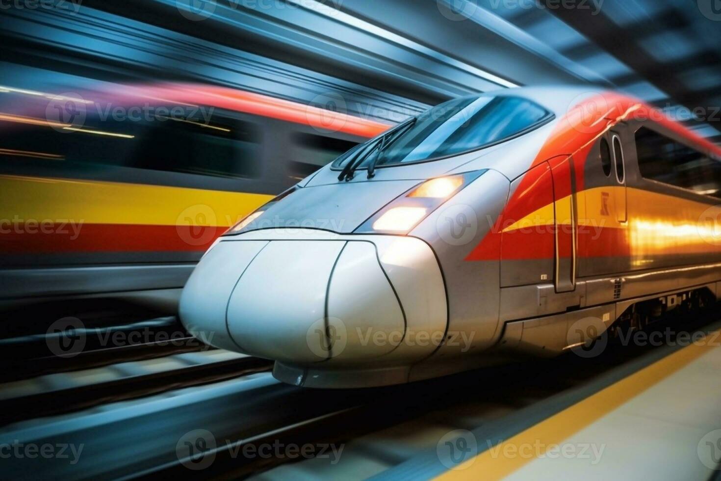 flou mouvement de haute la vitesse train sur futuriste chemin de fer Piste  généré par ai 25493283 Photo de stock chez Vecteezy