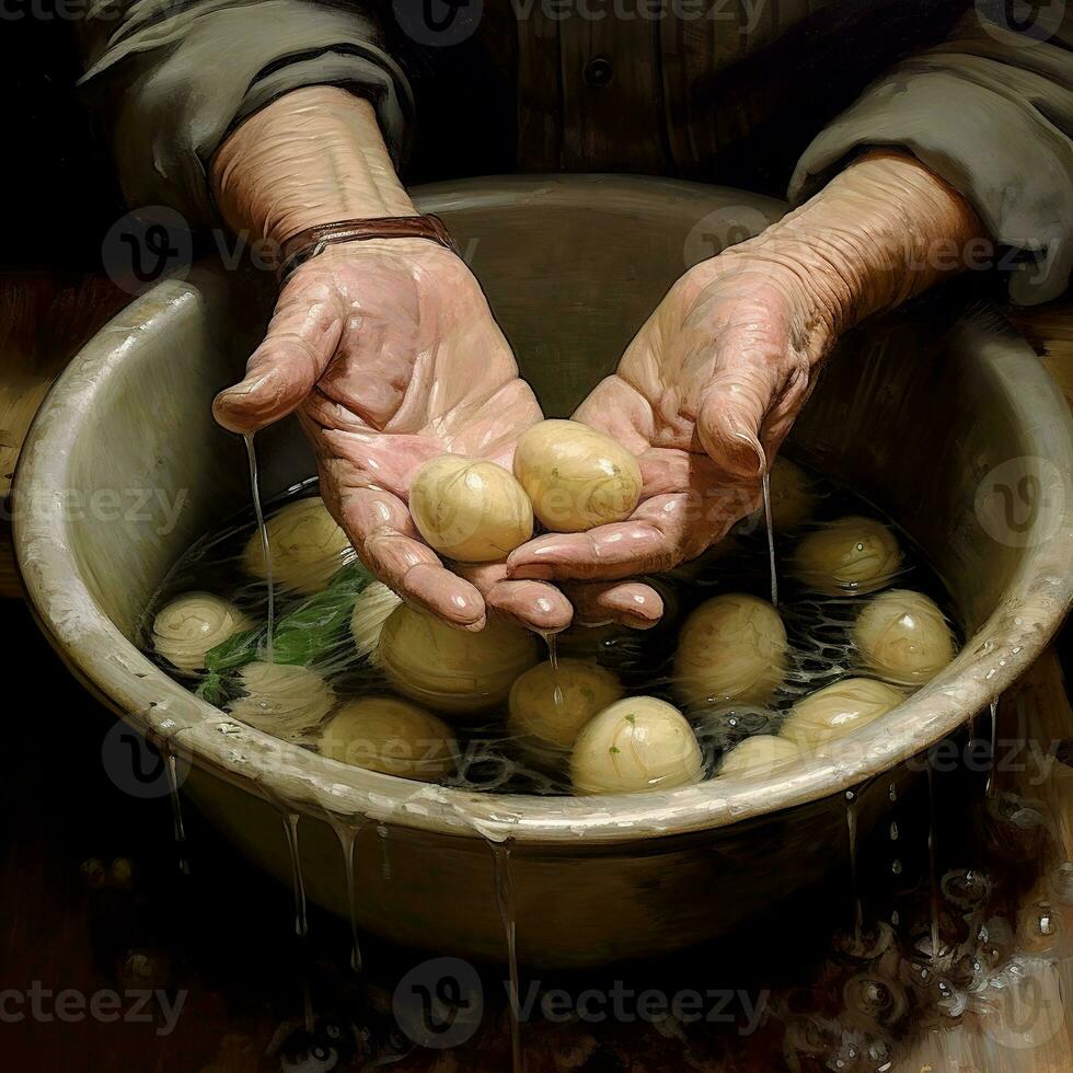 mains de adulte femme laver Nouveau patates dans bol. rétro style. ai généré photo