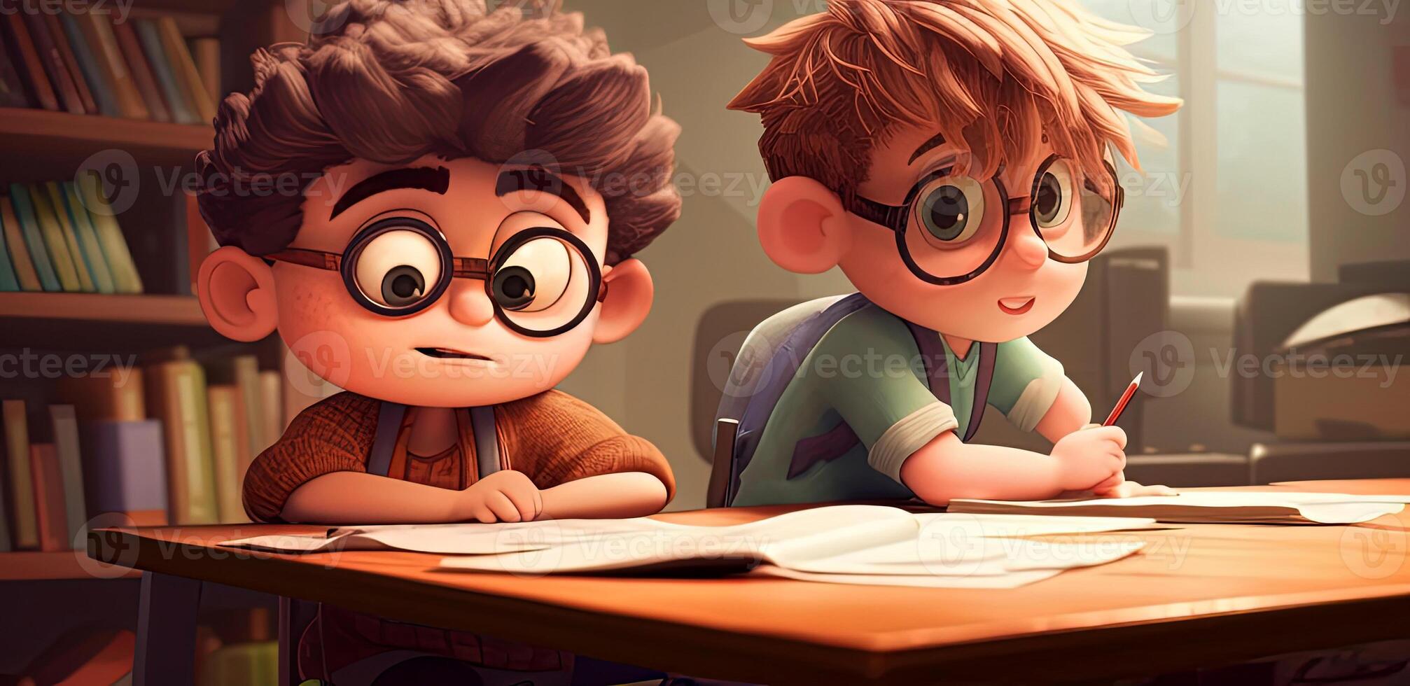 deux garçons avec lunettes, à une école bureau, dans dessin animé style. écoliers à le leçon. étagères avec livres sur le Contexte. ai généré photo