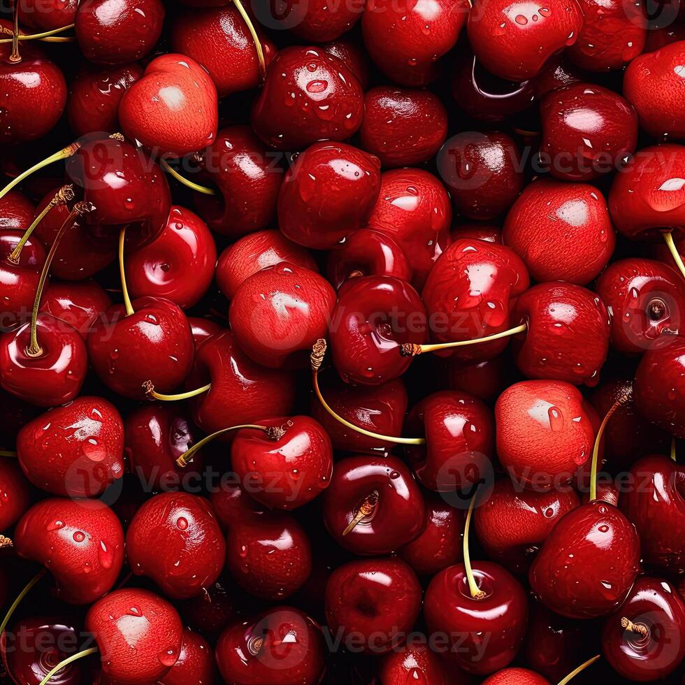 texture modèle de cerises. rouge baie avec gouttes de l'eau. coloré Naturel Contexte. Contexte pour le couverture. ai généré photo