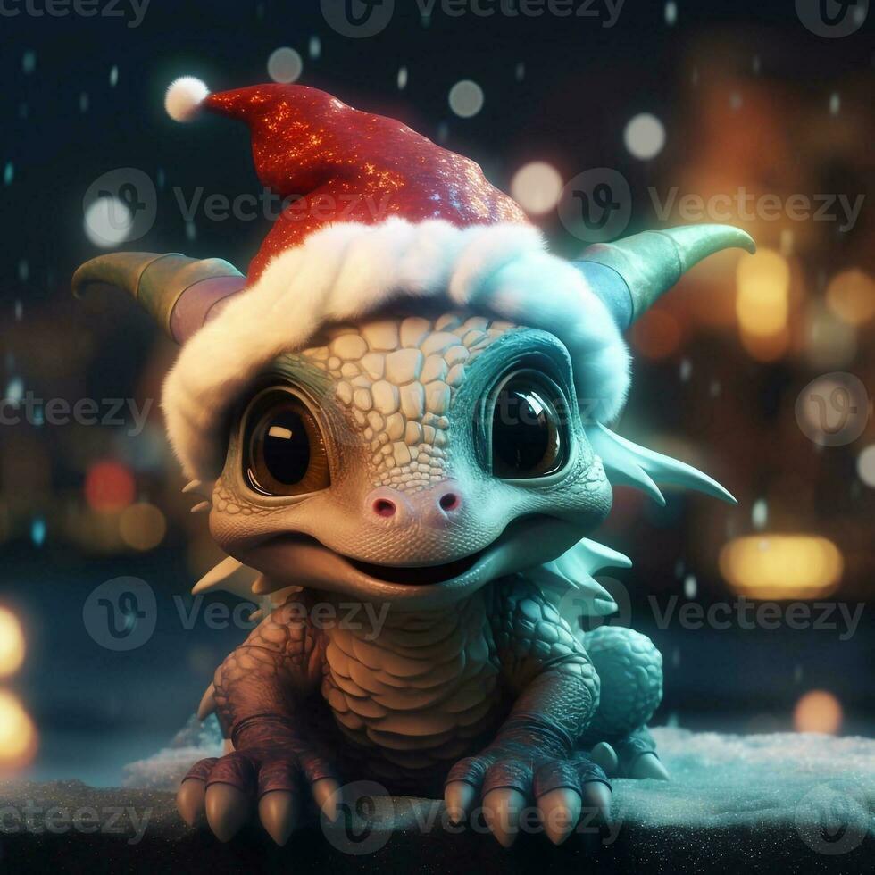 dragon Père Noël. super mignonne dragon bébé. ai généré image photo