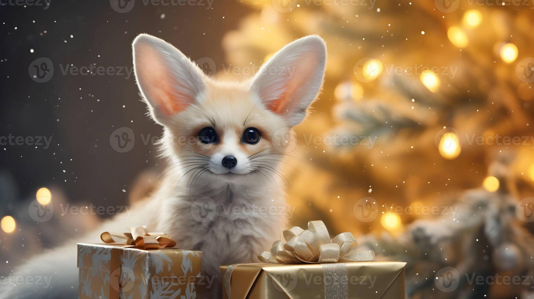 super mignonne fennec Renard avec Noël boite cadeau. ai généré image photo