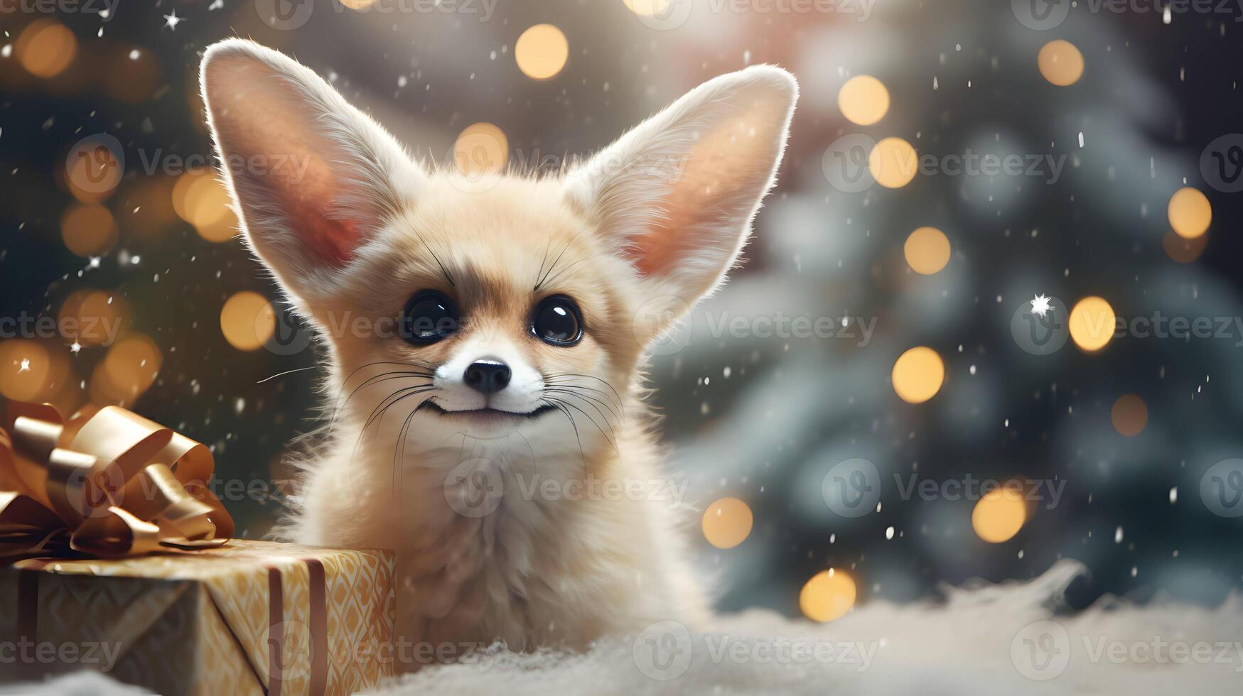 super mignonne fennec Renard avec Noël boite cadeau. ai généré image photo