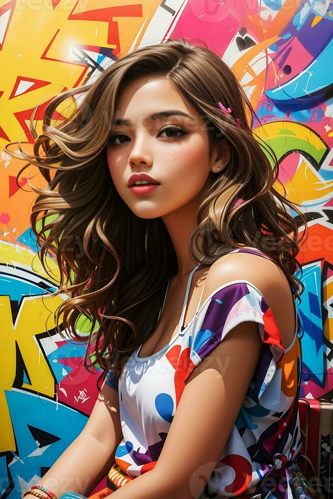 magnifique fille sur une coloré graffiti Contexte photo
