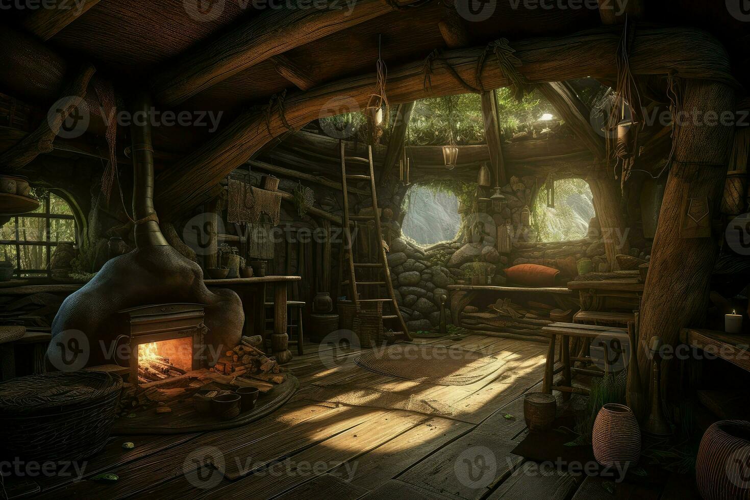 hobbit intérieur maison lumière. produire ai photo