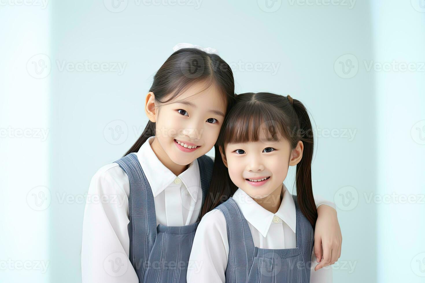 asiatique peu fille et sa sœur dans école uniforme. ai généré photo