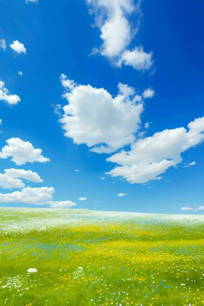 une ensoleillé Prairie de fleurs sauvages, avec une brillant bleu ciel à pois avec duveteux blanc des nuages. photo