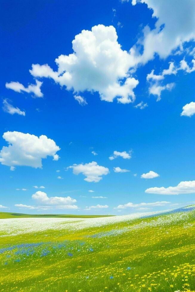 une ensoleillé Prairie de fleurs sauvages, avec une brillant bleu ciel à pois avec duveteux blanc des nuages. photo